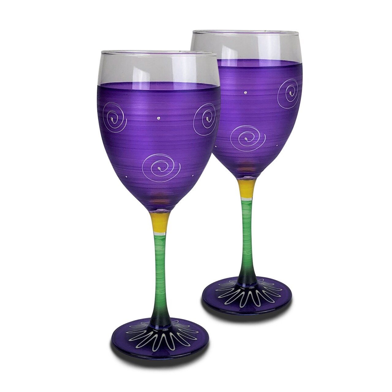 Crafted Creations Set of 2 Purple and Clear Hand Painted Wine Drinking Glasses 10.5 oz.